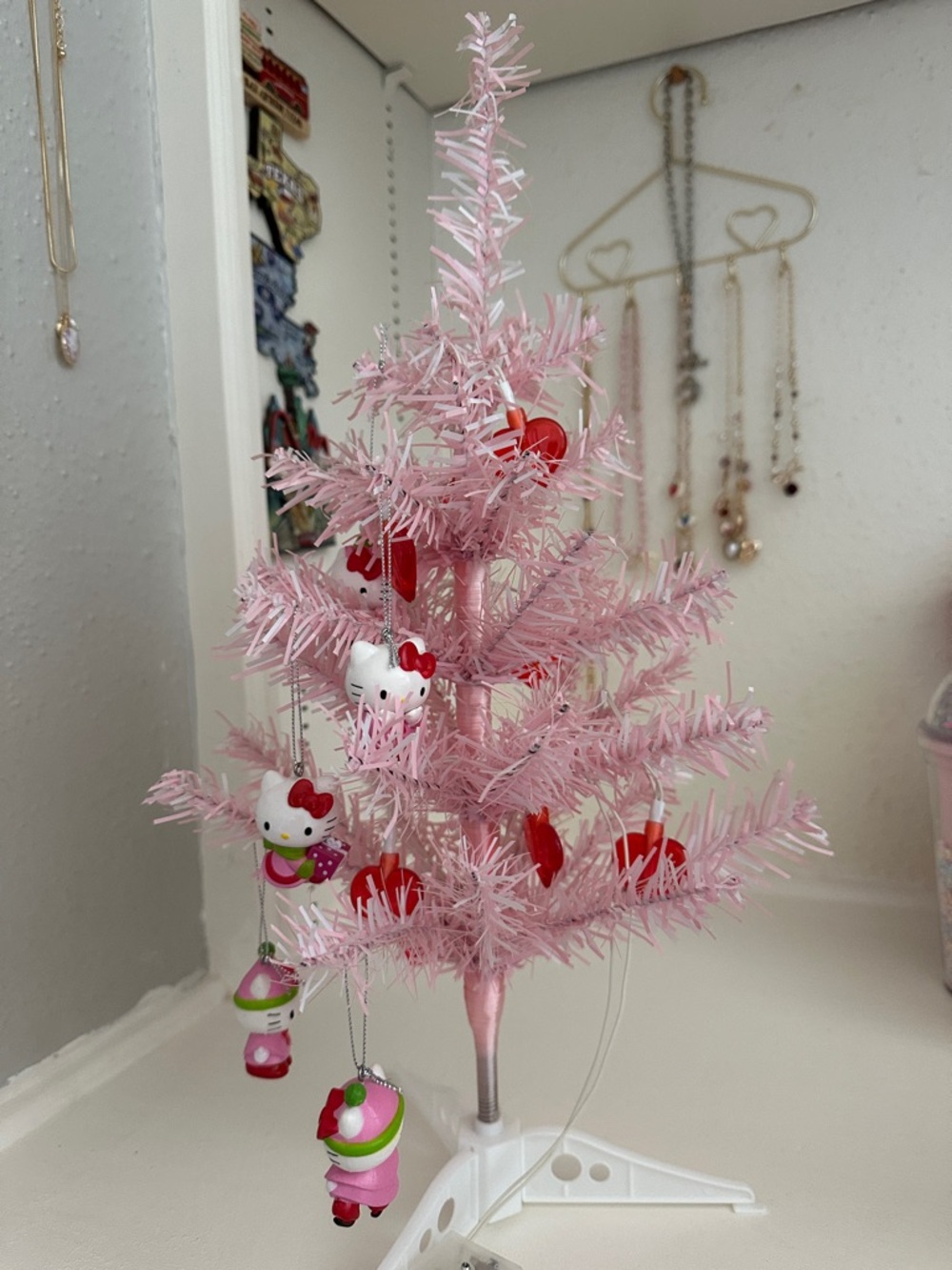 Pink Mini Holiday Tree with Pink LED Heart Lights and hello kitty ornaments